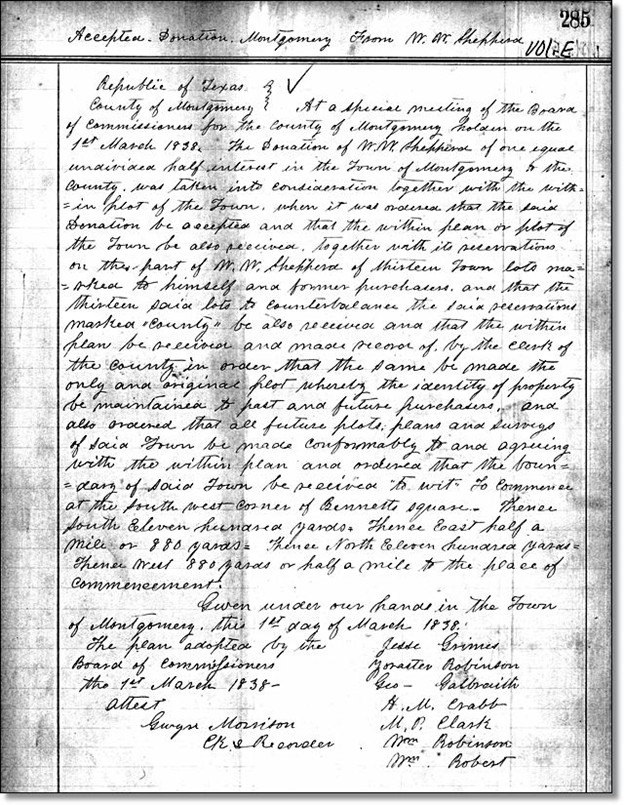 W. W. Shepperd Donates a half undivided interest in the Town of Montgomery to Montgomery County